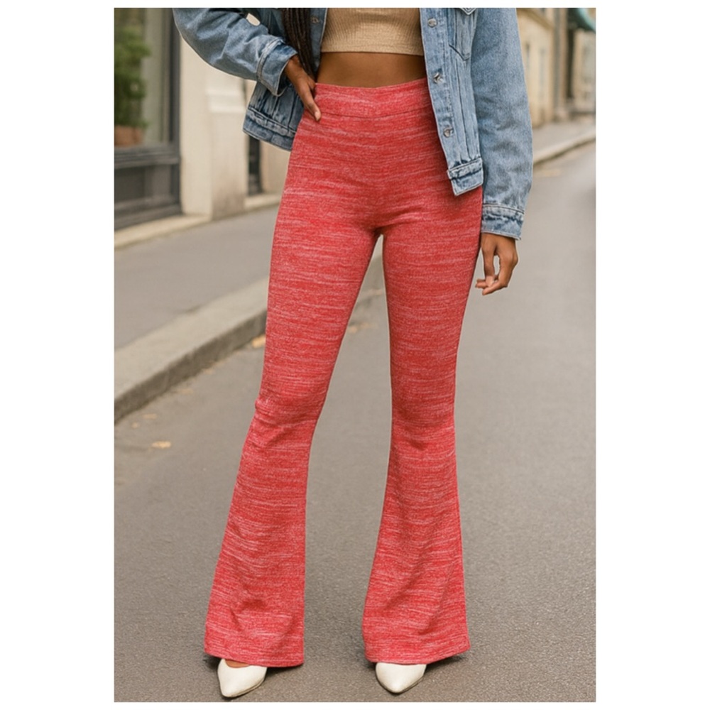 ZARA Red Ribbed High Rise Knit Flare Pants Medium